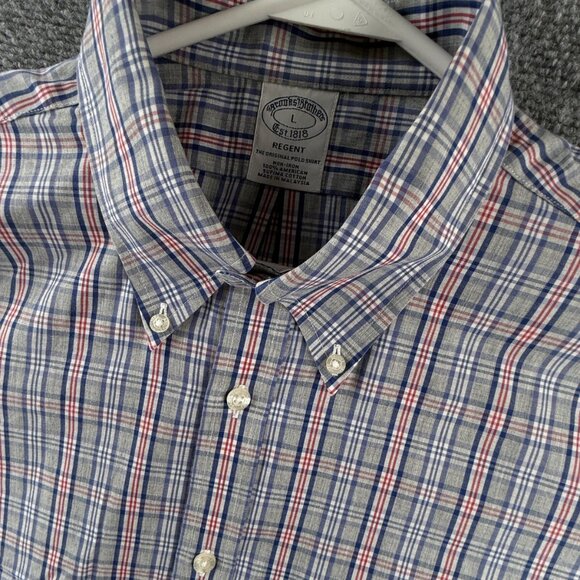 Brooks Brothers Large Regent Gray Red Plaid Button Up Shirt Long Sleeve Supima - Picture 9 of 12